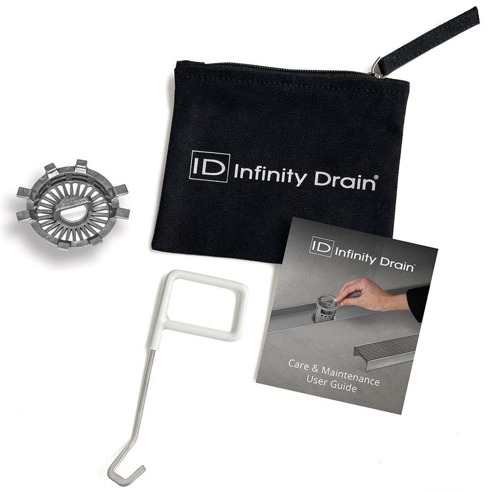 Infinity Drain - Hair Maintenance Kit. Includes maintenance guide, SKEY Lift-out key, and HS 2 Hair Strainer.