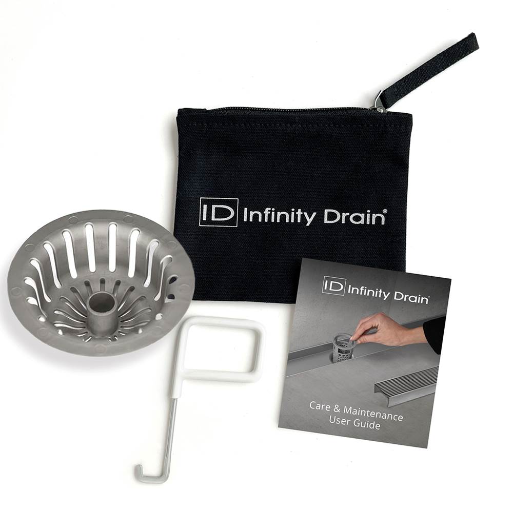Infinity Drain - Hair Maintenance Kit. Includes maintenance guide, AKEY Lift-out key, and HS 4 Hair Strainer.