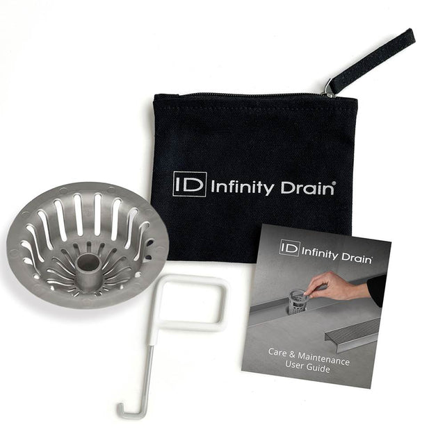 Infinity Drain - Hair Maintenance Kit. Includes maintenance guide, AKEY Lift-out key, and HS 4 Hair Strainer.