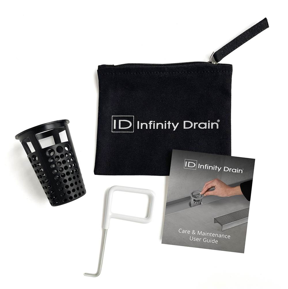 Infinity Drain - Hair Maintenance Kit. Includes maintenance guide, DKEY Lift-out key, and HB 65B Hair Basket in black.