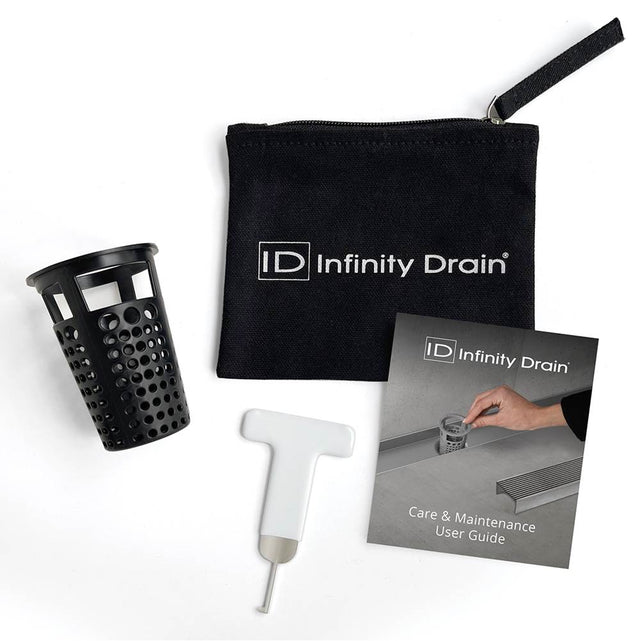 Infinity Drain - Hair Maintenance Kit. Includes maintenance guide, WKEY Lift-out key, and HB 65B Hair Basket in black.