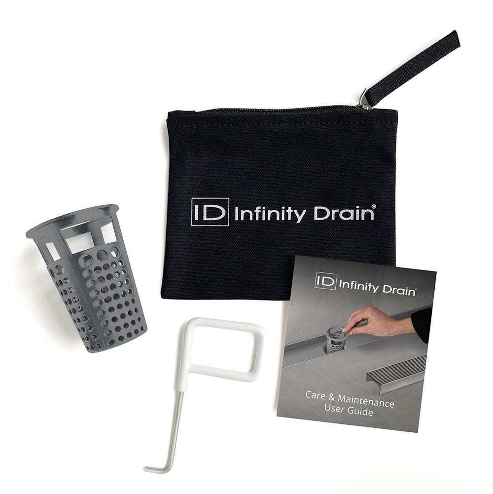 Infinity Drain - Hair Maintenance Kit. Includes maintenance guide, DKEY Lift-out key, and HB 65 Hair Basket.