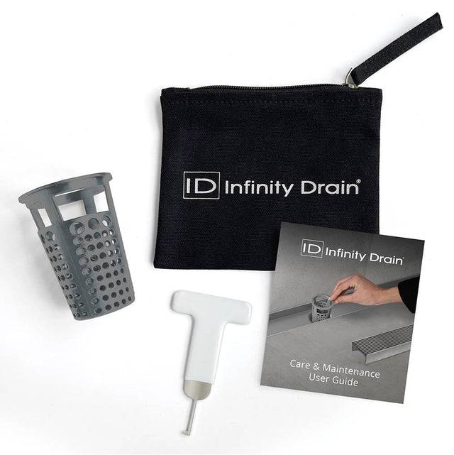 Infinity Drain - Hair Maintenance Kit. Includes maintenance guide, WKEY Lift-out key, and HB 65 Hair Basket.