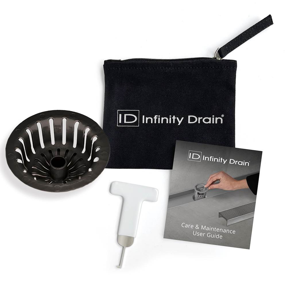 Infinity Drain - Hair Maintenance Kit. Includes maintenance guide, WKEY Lift-out key, and HS 4B Hair Strainer in black.