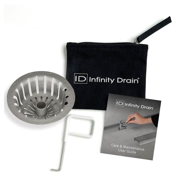 Infinity Drain - Hair Maintenance Kit. Includes maintenance guide, DKEY Lift-out key, and HS 4 Hair Strainer.
