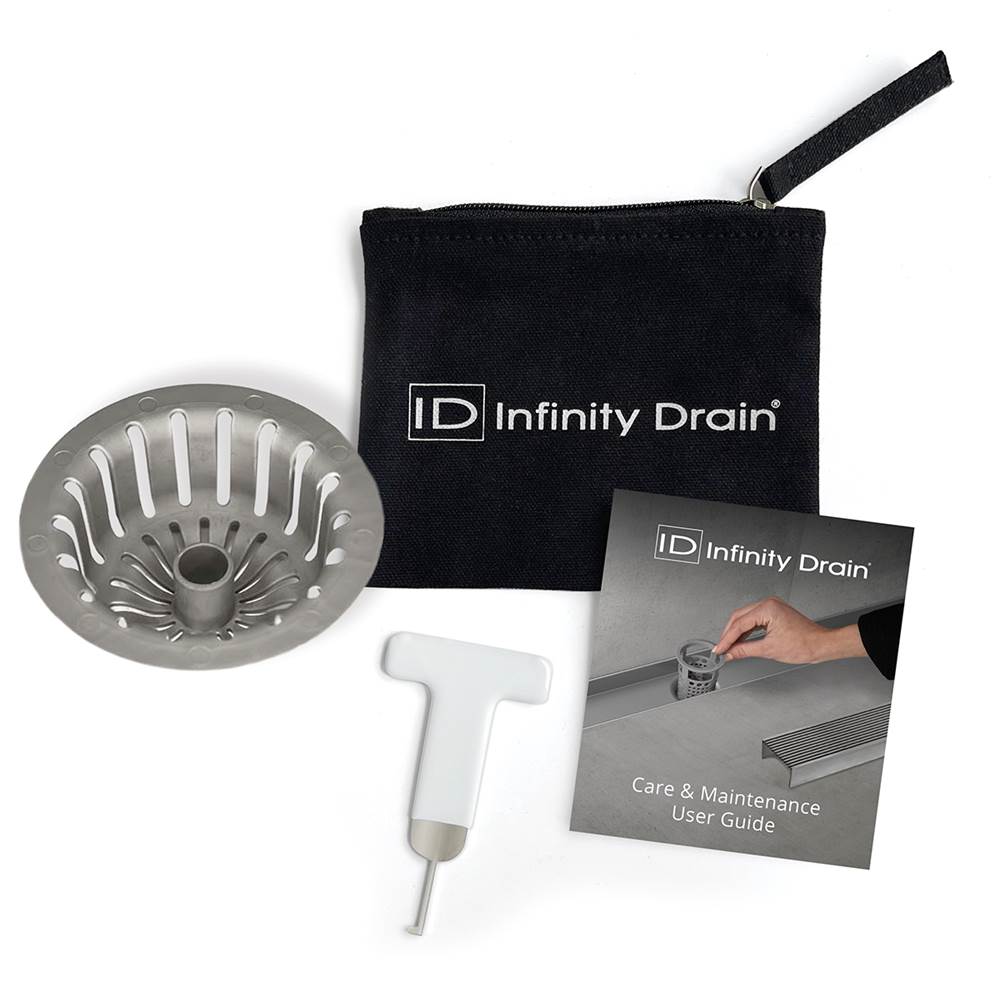 Infinity Drain - Hair Maintenance Kit. Includes maintenance guide, WKEY Lift-out key, and HS 4 Hair Strainer.