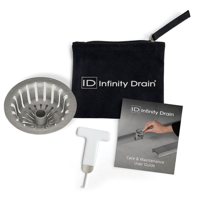 Infinity Drain - Hair Maintenance Kit. Includes maintenance guide, WKEY Lift-out key, and HS 4 Hair Strainer.