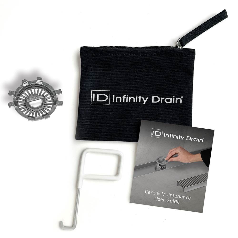 Infinity Drain - Hair Maintenance Kit. Includes maintenance guide, AKEY Lift-out key, and HS 2 Hair Strainer.