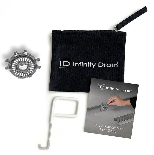 Infinity Drain - Hair Maintenance Kit. Includes maintenance guide, AKEY Lift-out key, and HS 2 Hair Strainer.