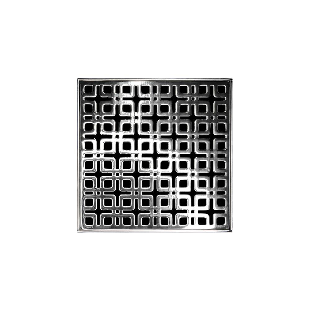 Infinity Drain - 5'' x 5'' KD 5 High Flow Complete Kit with Link Pattern Decorative Plate in Polished Stainless with Cast Iron Drain Body, 3'' No-Hub Outlet - Polished Stainless