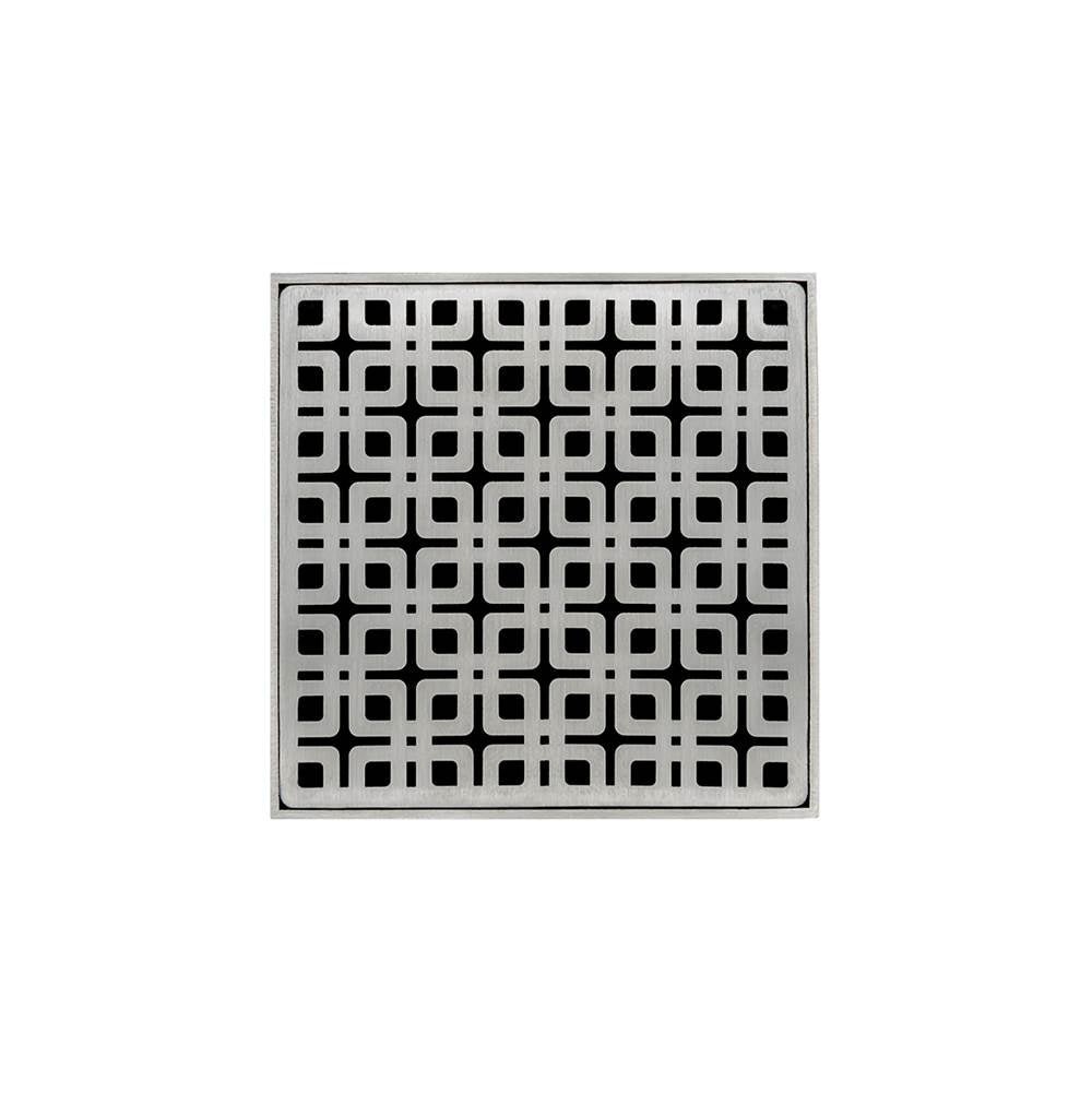Infinity Drain - 5'' x 5'' KD 5 High Flow Complete Kit with Link Pattern Decorative Plate in Satin Stainless with Cast Iron Drain Body, 3'' No-Hub Outlet - Satin Stainless