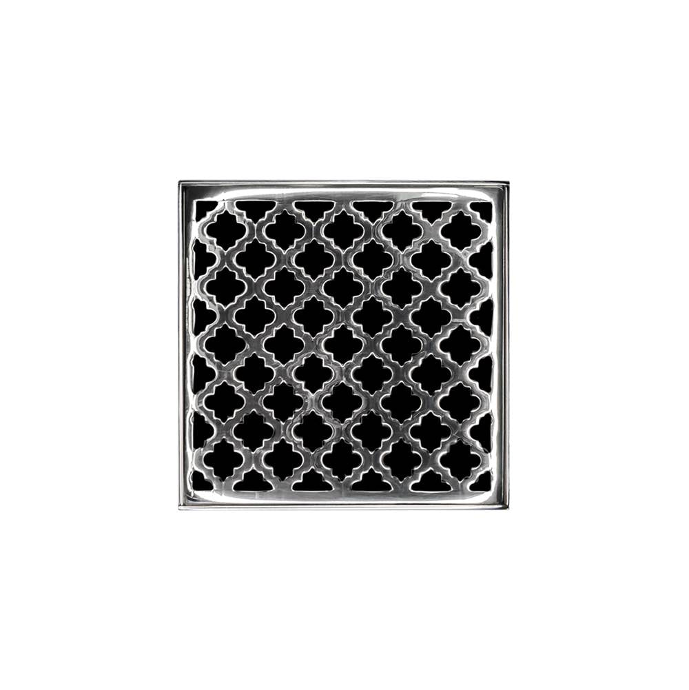 Infinity Drain - 5'' x 5'' MD 5 High Flow Complete Kit with Moor Pattern Decorative Plate in Polished Stainless with Cast Iron Drain Body, 3'' No-Hub Outlet - Polished Stainless