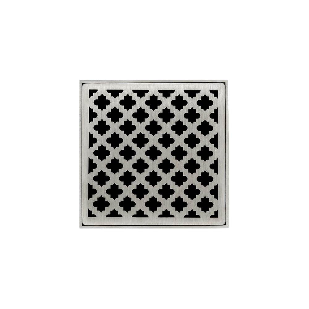 Infinity Drain - 5'' x 5'' MD 5 High Flow Complete Kit with Moor Pattern Decorative Plate in Satin Stainless with Cast Iron Drain Body, 3'' No-Hub Outlet - Satin Stainless