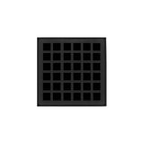 Infinity Drain - 4'' x 4'' QDB 4 Complete Kit with Squares Pattern Decorative Plate in Matte Black with PVC Bonded Flange Drain Body, 2'', 3'' and 4'' Outlet - Matte Black