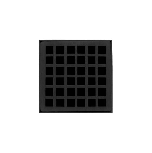 Infinity Drain - 4'' x 4'' QDB 4 Complete Kit with Squares Pattern Decorative Plate in Matte Black with PVC Bonded Flange Drain Body, 2'', 3'' and 4'' Outlet - Matte Black