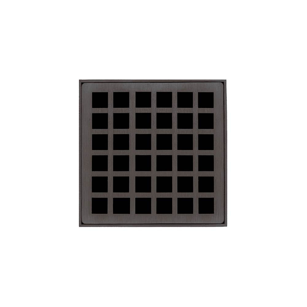 Infinity Drain - 4'' x 4'' QDB 4 Complete Kit with Squares Pattern Decorative Plate in Oil Rubbed Bronze with PVC Bonded Flange Drain Body, 2'', 3'' and 4'' Outlet - Oil Rubbed Bronze