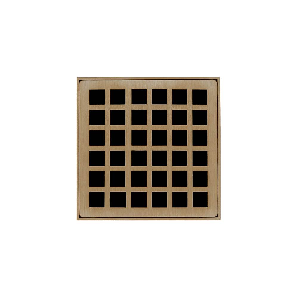 Infinity Drain - 4'' x 4'' QDB 4 Complete Kit with Squares Pattern Decorative Plate in Satin Bronze with PVC Bonded Flange Drain Body, 2'', 3'' and 4'' Outlet - Satin Bronze