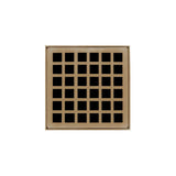 Infinity Drain - 4'' x 4'' QDB 4 Complete Kit with Squares Pattern Decorative Plate in Satin Bronze with PVC Bonded Flange Drain Body, 2'', 3'' and 4'' Outlet - Satin Bronze