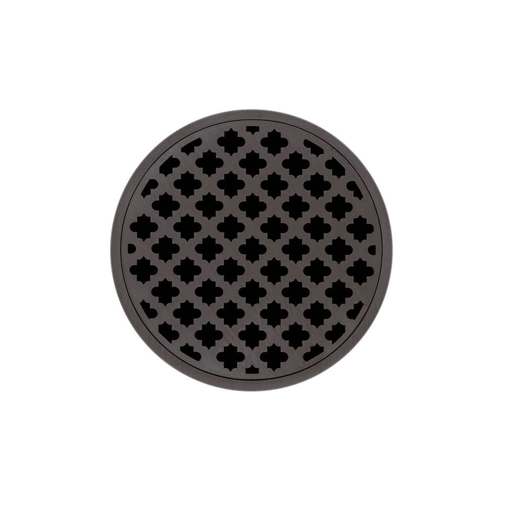 Infinity Drain - 5'' Round RMD 5 High Flow Complete Kit with Moor Pattern Decorative Plate in Oil Rubbed Bronze with Cast Iron Drain Body, 3'' No-Hub Outlet - Oil Rubbed Bronze