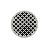 Infinity Drain - 5'' Round RMD 5 High Flow Complete Kit with Moor Pattern Decorative Plate in Satin Stainless with Cast Iron Drain Body, 3'' No-Hub Outlet - Satin Stainless