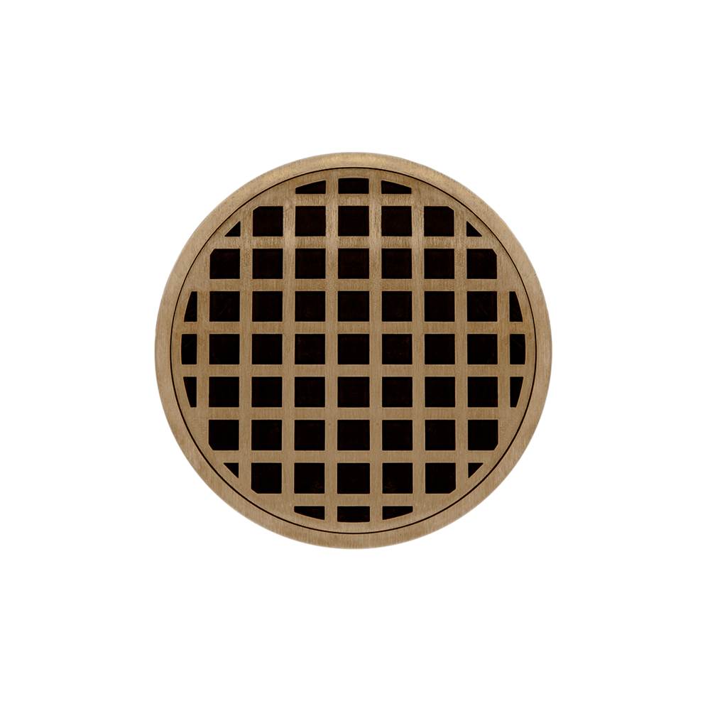 Infinity Drain - 5'' Round RQD 5 Complete Kit with Squares Pattern Decorative Plate in Satin Bronze with Cast Iron Drain Body, 2'' Outlet - Satin Bronze