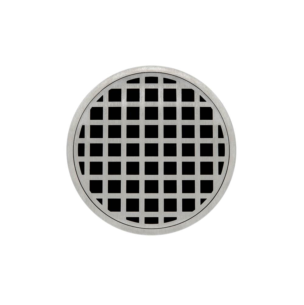 Infinity Drain - 5'' Round RQD 5 High Flow Complete Kit with Squares Pattern Decorative Plate in Satin Stainless with PVC Drain Body, 3'' Outlet - Satin Stainless