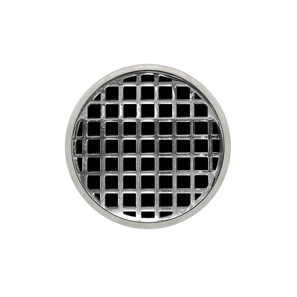 Infinity Drain - 5'' Round RQDB 5 Complete Kit with Squares Pattern Decorative Plate in Polished Stainless with ABS Bonded Flange Drain Body, 2'', 3'' and 4'' Outlet - Polished Stainless