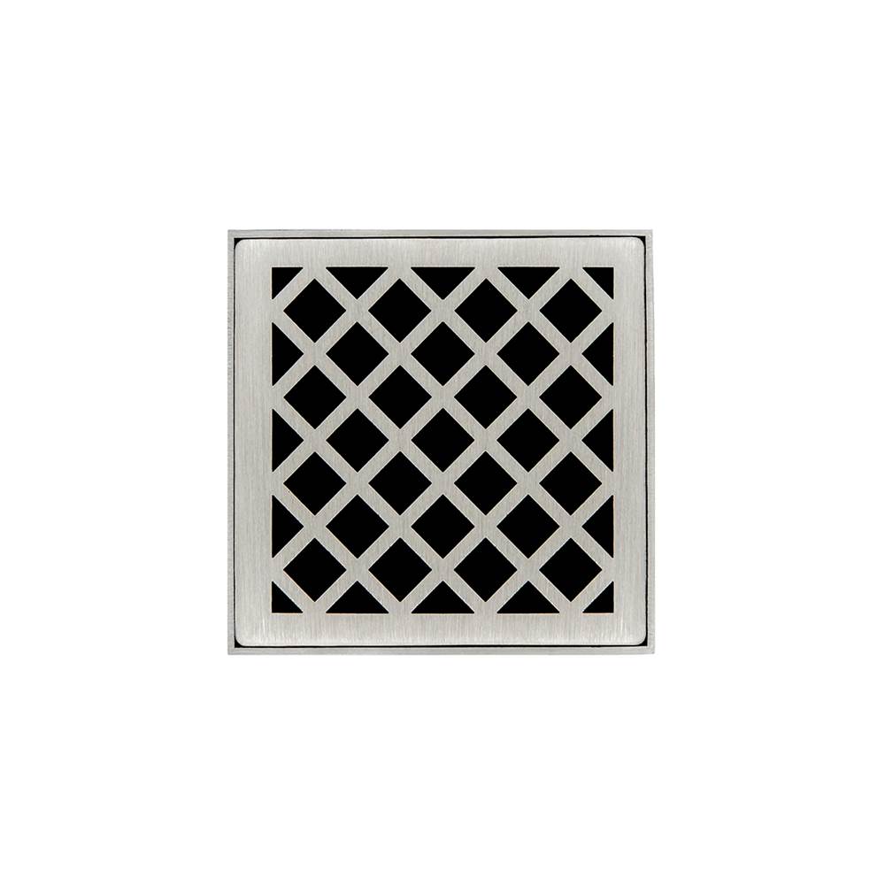 Infinity Drain - 4'' x 4'' XDB 4 Complete Kit with Criss-Cross Pattern Decorative Plate in Satin Stainless with Stainless Steel Bonded Flange Drain Body, 2'' No Hub Outlet - Satin Stainless