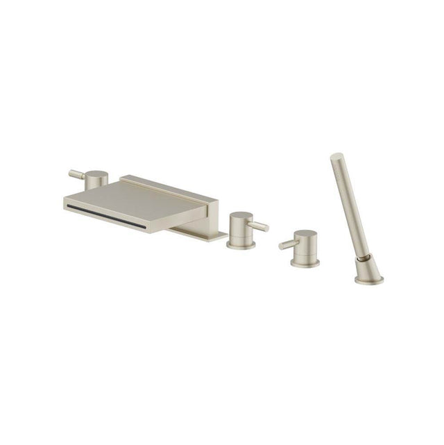 Isenberg By Flusso - Five Hole Deck Mounted Cascade Flow Roman Tub Faucet With Hand Shower - Brushed Nickel PVD