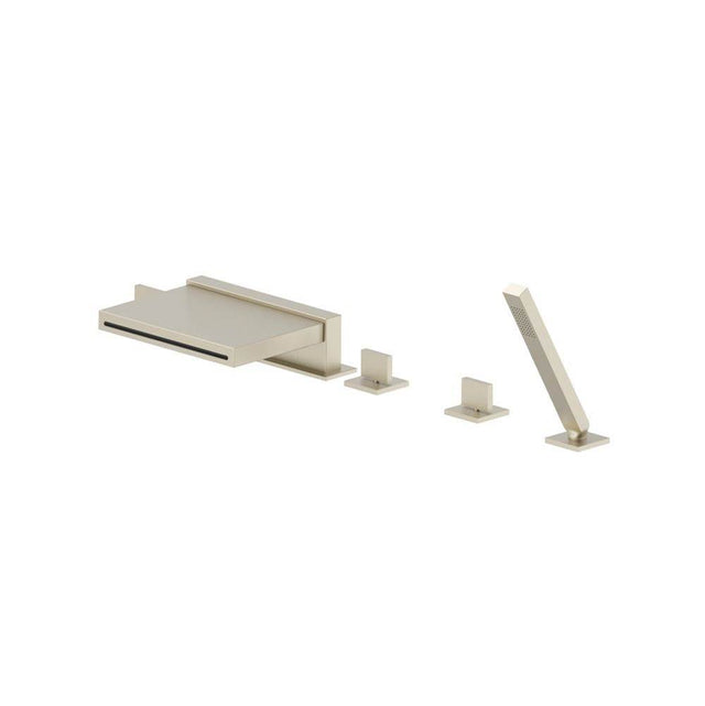 Isenberg By Flusso - Five Hole Deck Mounted Cascade Flow Roman Tub Faucet With Hand Shower - Brushed Nickel PVD