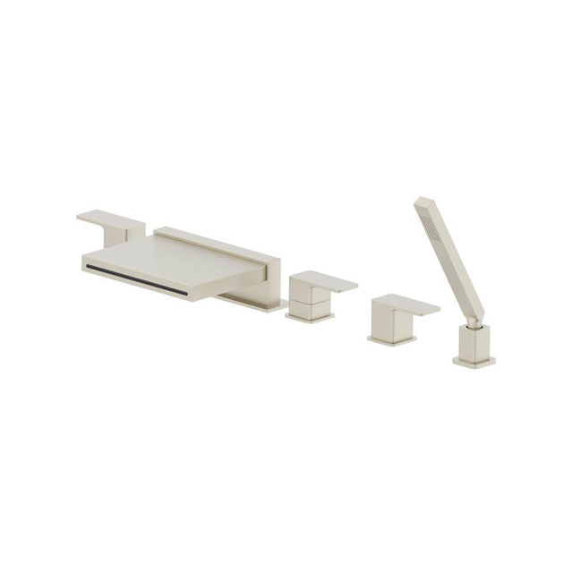 Isenberg By Flusso - Five Hole Deck Mounted Cascade Flow Roman Tub Faucet With Hand Shower - Brushed Nickel PVD
