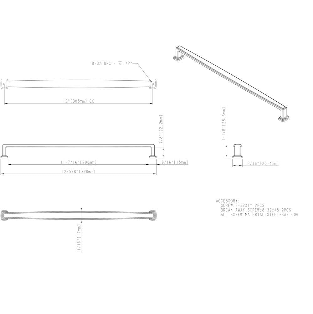 305 mm Center-to-Center Brushed Gold Richard Cabinet Pull