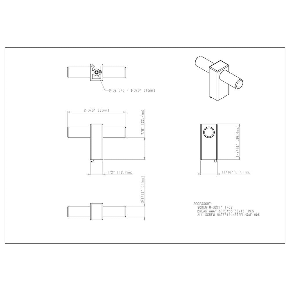 2-3/8'' Overall Length Brushed Gold Larkin ''T'' Knob