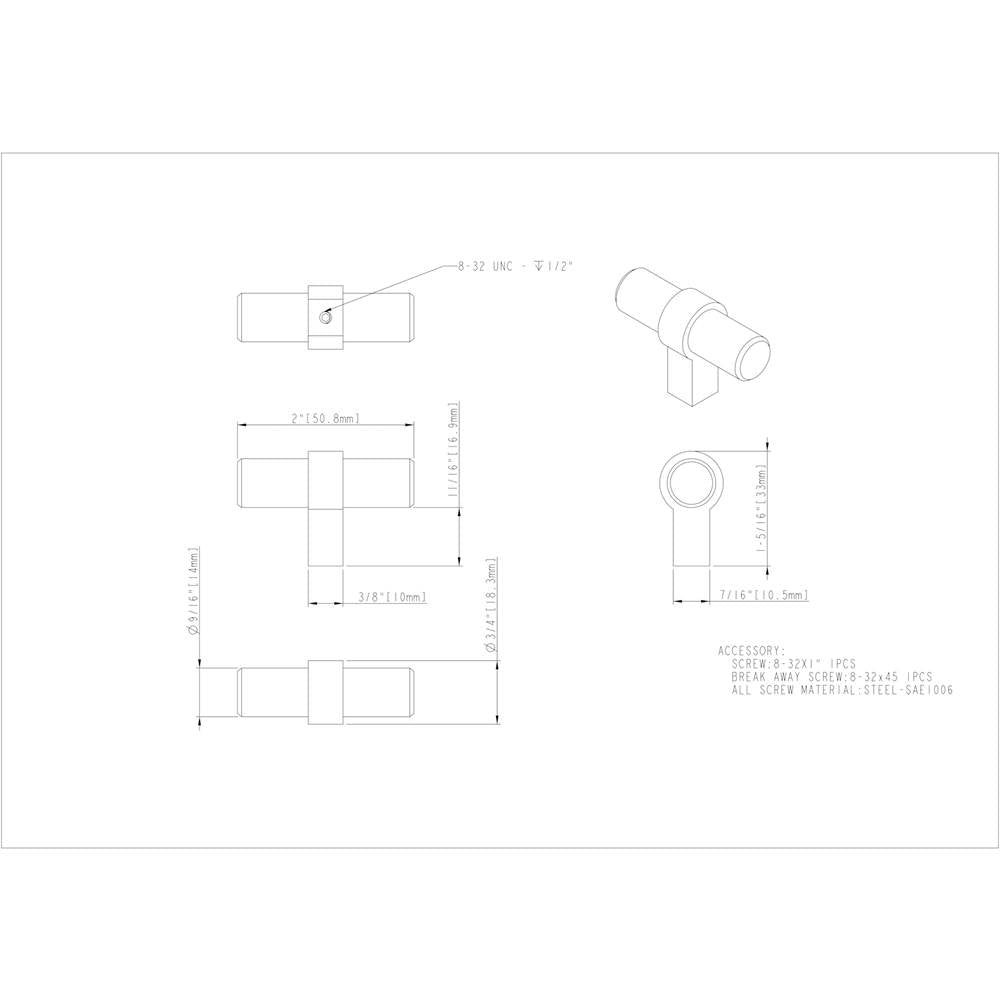 2'' Overall Length Matte Black Key Grande Cabinet ''T'' Knob