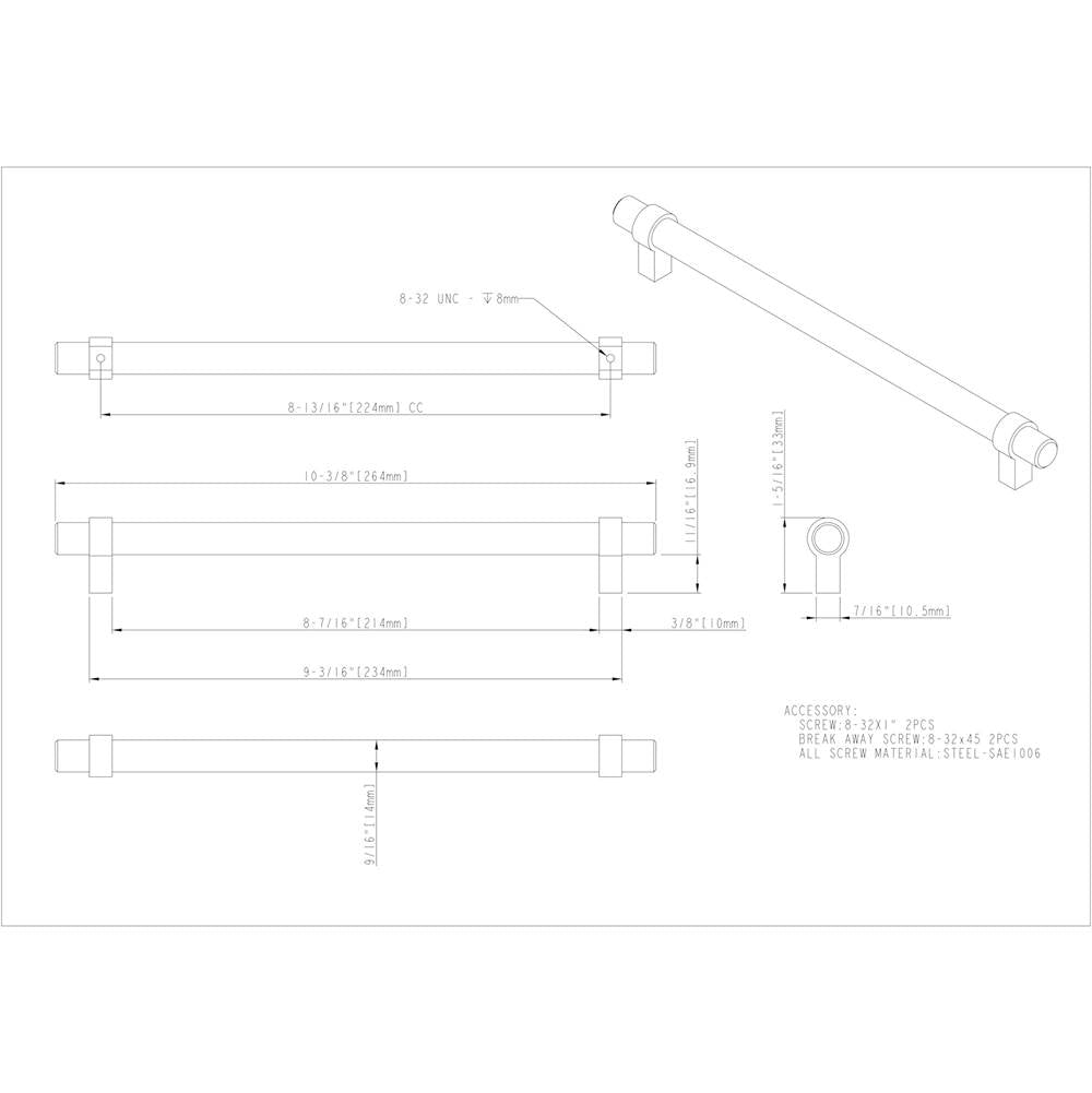 224 mm Center-to-Center Matte Black Key Grande Cabinet Bar Pull