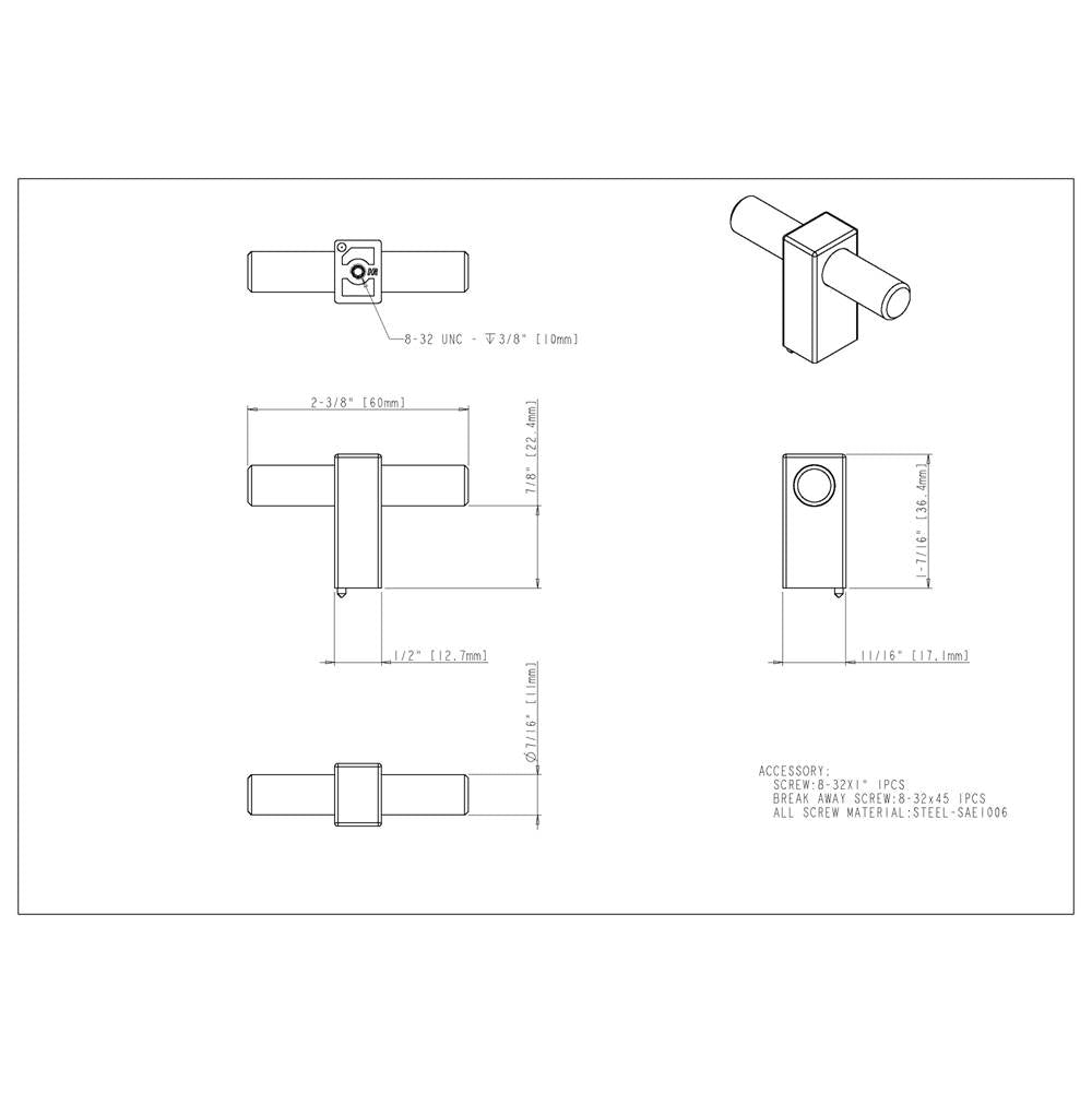 2-3/8'' Overall Length Brushed Gold Spencer ''T'' Knob