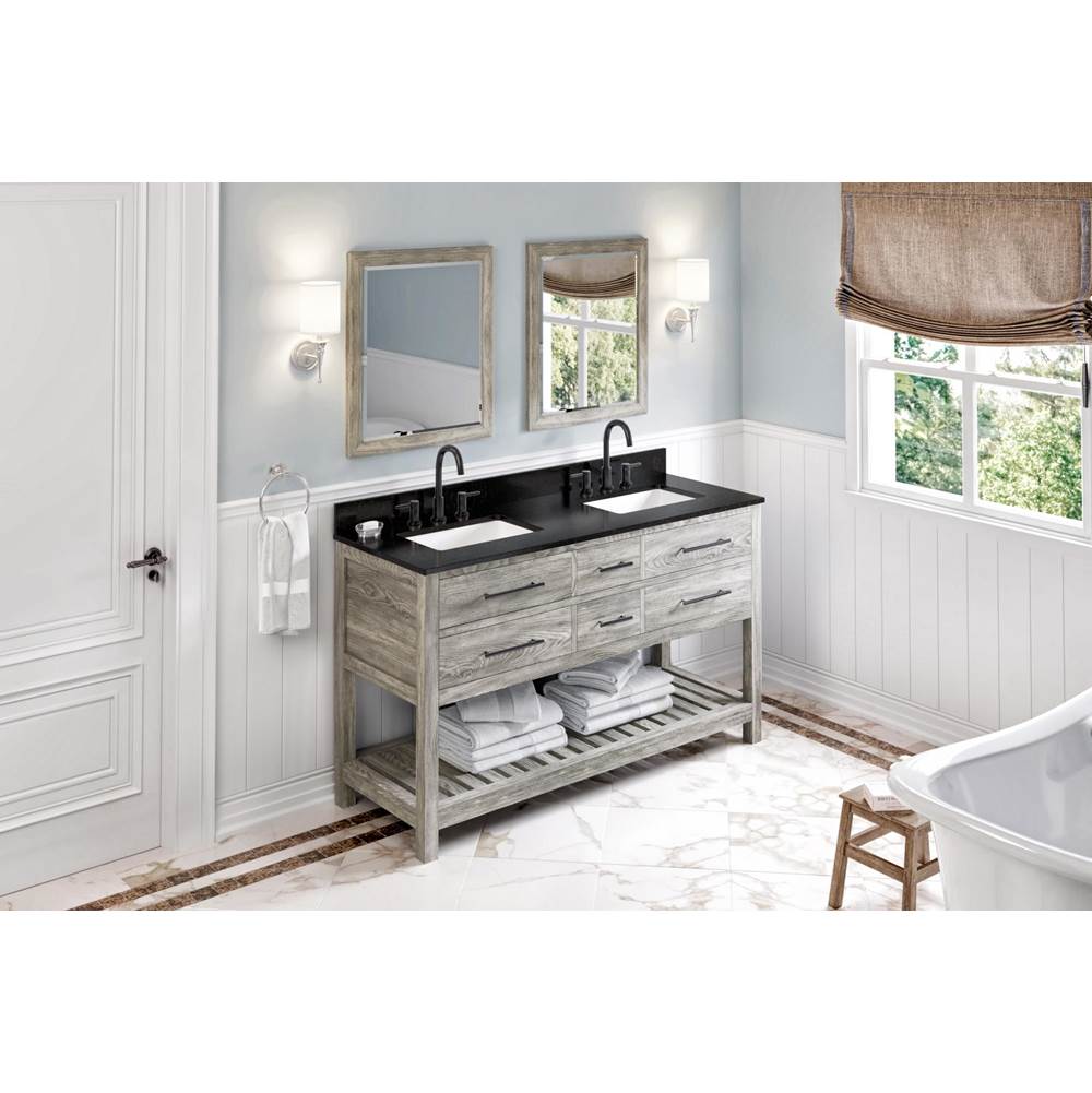 Jeffrey Alexander - 60'' Weathered Grey Wavecrest Vanity, Double Bowl, Black Granite Vanity Top, Two Undermount Rectangle Bowls - Weathered Grey