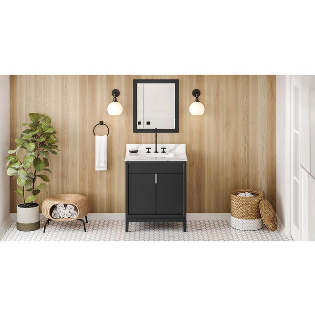 Jeffrey Alexander - 30'' Black Theodora Vanity, Calacatta Vienna Quartz Vanity Top, Undermount Rectangle Bowl - Black