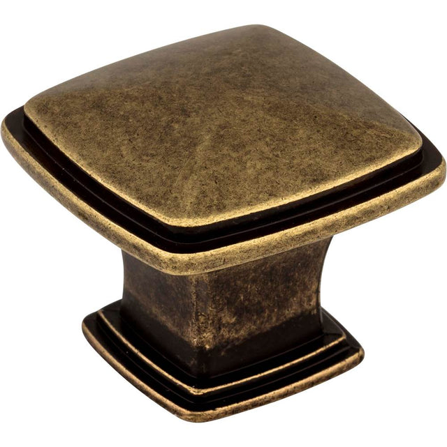 Jeffrey Alexander - 1-3/16'' Overall Length Lightly Distressed Antique Brass Square Milan 1 Cabinet Knob - Distressed Antique Brass
