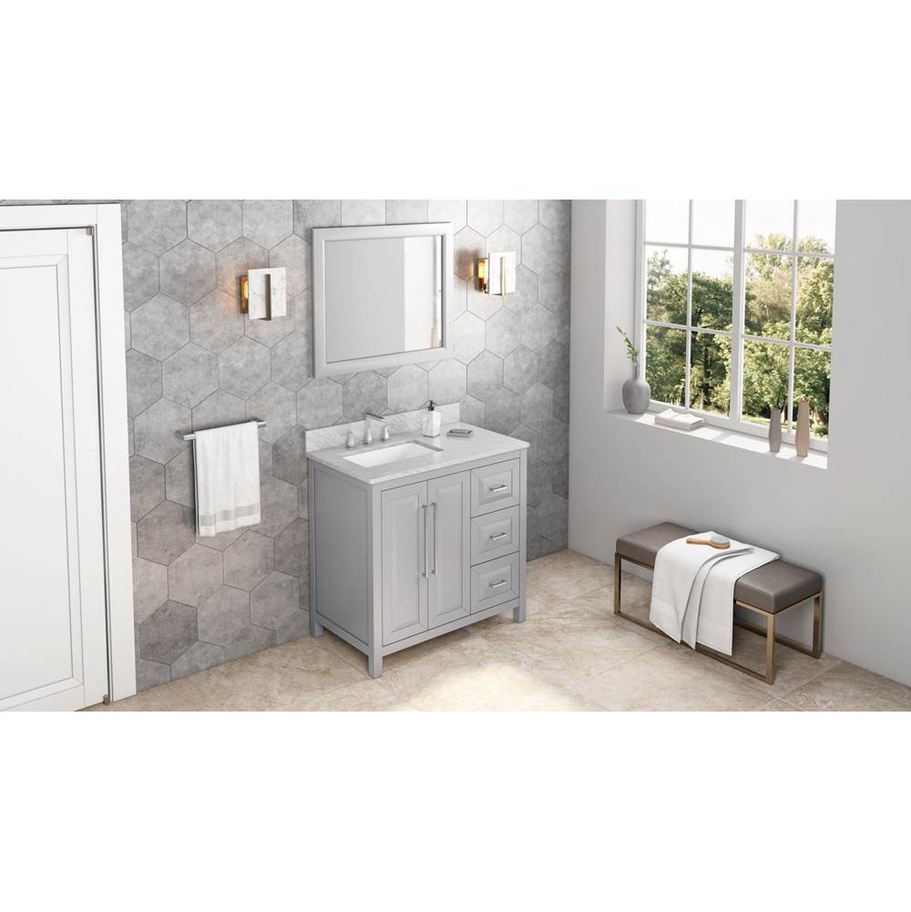Jeffrey Alexander - 36'' Grey Cade Vanity, left offset, White Carrara Marble Vanity Top, undermount rectangle bowl - Grey