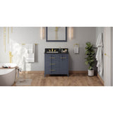 Jeffrey Alexander - 36'' Blue Steel Katara Vanity, Left Offset, Black Granite Vanity Top, Undermount Rectangle Bowl - Blue Steel