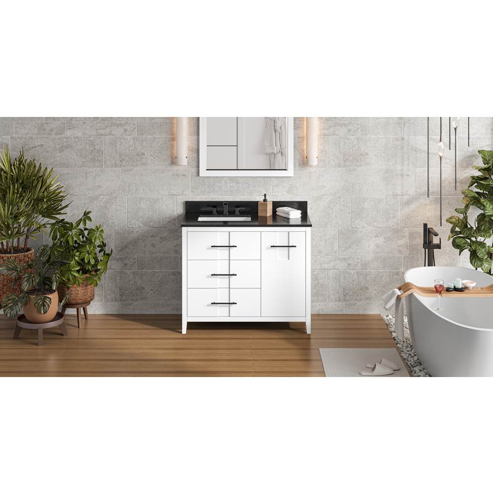 Jeffrey Alexander - 42'' White Katara Vanity, Left Offset, Black Granite Vanity Top, Undermount Rectangle Bowl - White