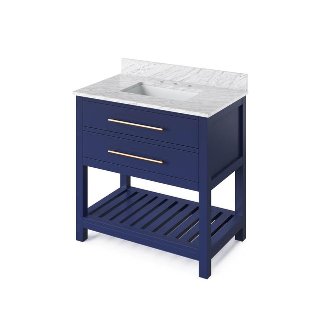 Jeffrey Alexander - 36'' Hale Blue Wavecrest Vanity, White Carrara Marble Vanity Top, undermount rectangle bowl - Hale Blue