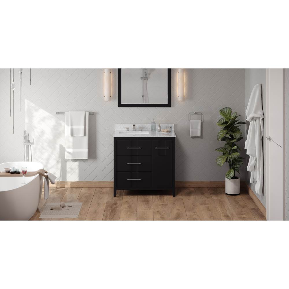 Jeffrey Alexander - 36'' Black Katara Vanity, Left Offset, White Carrara Marble Vanity Top, Undermount Rectangle Bowl - Black