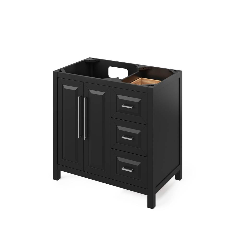 36'' Black Cade Vanity, left offset, White Carrara Marble Vanity Top, undermount rectangle bowl