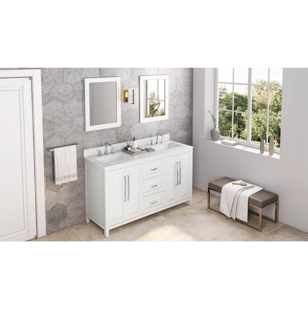 Jeffrey Alexander - 60'' White Cade Vanity, double bowl, White Carrara Marble Vanity Top, undermount rectangle bowl - White