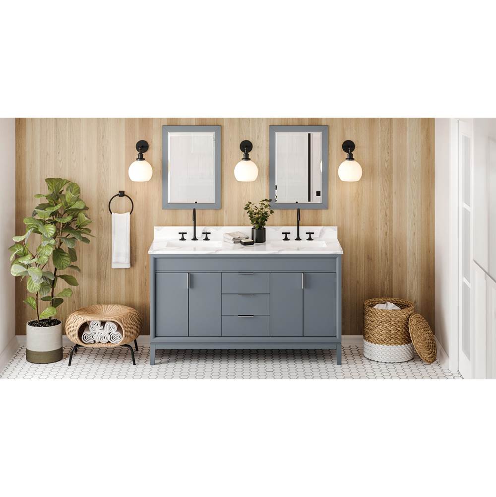 Jeffrey Alexander - 60'' Blue Steel Theodora Vanity, Double Bowl, Calacatta Vienna Quartz Vanity Top, Two Undermount Rectangle Bowls - Blue Steel