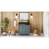 Jeffrey Alexander - 36'' Blue Steel Theodora Vanity, Left Offset, Black Granite Vanity Top, Undermount Rectangle Bowl - Blue Steel