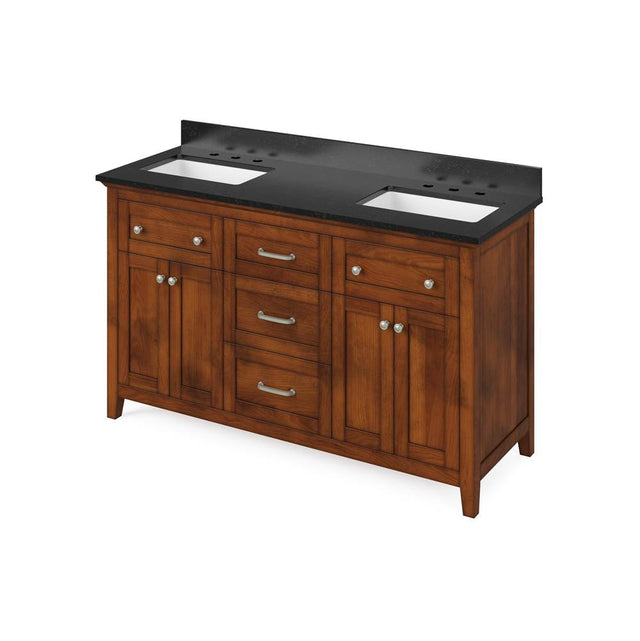 Jeffrey Alexander - 60'' Chocolate Chatham Vanity, double bowl, Black Granite Vanity Top, two undermount rectangle bowls - Chocolate