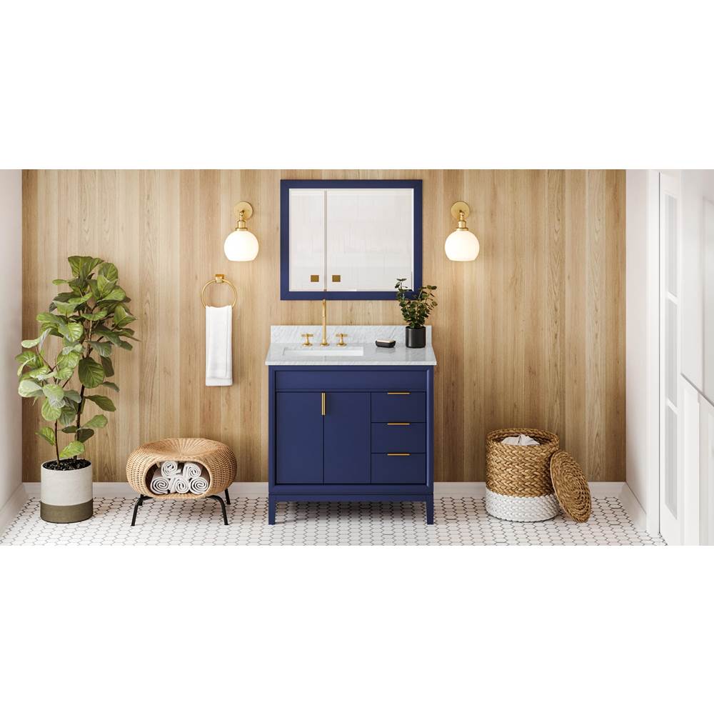 Jeffrey Alexander - 36'' Hale Blue Theodora Vanity, Left Offset, White Carrara Marble Vanity Top, Undermount Rectangle Bowl - Hale Blue